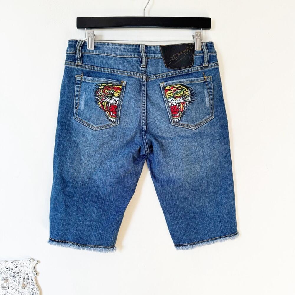 Ed Hardy Blue Denim Jean Shorts with Multicolor Tiger Patch - Picture 7 of 8
